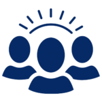 blue icon showing the heads of three people with a sunrise in the background representing community engagment