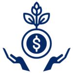 blue icon of two hands supporting a circle with a dollar sign in the center and a plant growing from the top of it representing economic prosperity