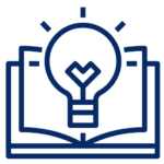 blue icon of an open book with a lightbulb in the center representing education
