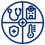 blue icon of a circle with four quadrants containing a stethoscope, hospital, thermometer, and healthcare badge representing healthcare access