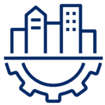 blue icon of tall city building with a gear beneath representing infrastructure development
